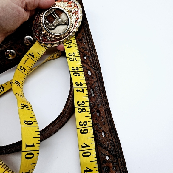 Large horse pony hair western cowboy buckle tooled leather belt - Picture 6 of 6